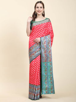 Yavira Silk - Red & Green Real Silver Zari Real Silver Zari Woven Saree with Unstitched Blouse
