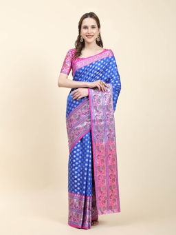 Yavira Silk - Blue & Pink Real Silver Zari Woven Saree with Unstitched Blouse