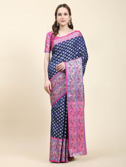 Yavira Silk - Navy Blue & Pink Real Silver Zari Woven Saree with Unstitched Blouse