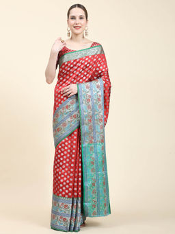Yavira Silk - Red & Blue Real Silver Zari Woven Saree with Unstitched Blouse