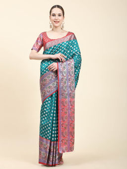 Yavira Silk - Turquoise & Red Real Silver Zari Woven Saree with Unstitched Blouse