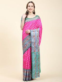 Yavira Silk - Pink & Green Real Silver Zari Woven Saree with Unstitched Blouse