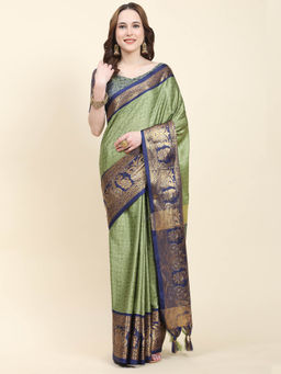 Yavira Silk - Blue & Green Dual Tone Jari Border Woven Saree with Unstitched Blouse