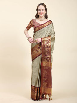 Yavira Silk - Maroon & Olive Dual Tone Jari Border Woven Saree with Unstitched Blouse