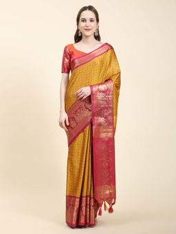 Yavira Silk - Pink & Mustard Dual Tone Jari Border Woven Saree with Unstitched Blouse