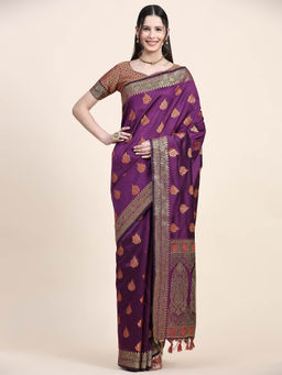 Yavira Silk - Purple Real Silver Zari Woven Saree with Unstitched Blouse