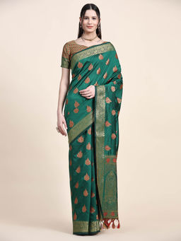 Yavira Silk - Green Real Silver Zari Woven Saree with Unstitched Blouse