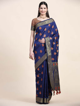 Yavira Silk - Navy Blue Real Silver Zari Woven Saree with Unstitched Blouse