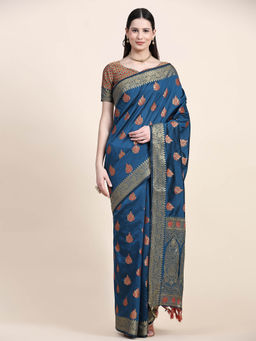 Yavira Silk - Teal Blue Real Silver Zari Woven Saree with Unstitched Blouse