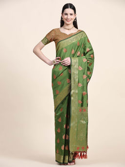 Yavira Silk - Green Real Silver Zari Woven Saree with Unstitched Blouse
