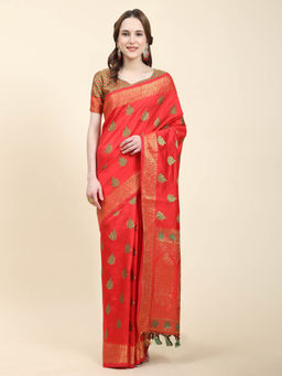 Yavira Silk - Red Real Silver Zari Woven Saree with Unstitched Blouse