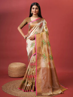 Yavira Silk - Off White Real Silver Zari Woven Saree with Unstitched Blouse
