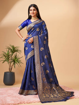 Yavira Silk - Navy Blue Woven Saree with Unstitched Blouse