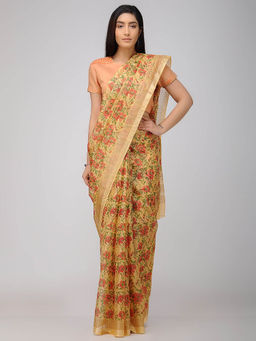 SMRITI GUPTA - Yellow Cotton Kota Floral Printed Saree without Blouse