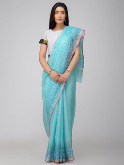 SMRITI GUPTA - Sky Blue Cotton Kota Printed Saree without Blouse