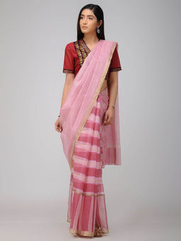 SMRITI GUPTA - Pink Cotton Kota Stripes Saree without Blouse