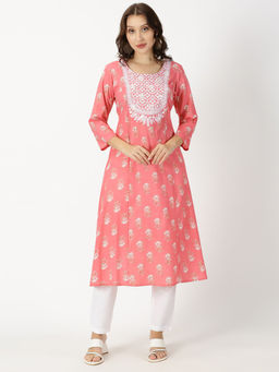 Saffron Threads - Coral Floral Print Kurta with Lucknowi Chikankari Embroidery