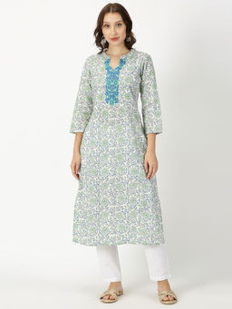 Saffron Threads - White-Green Floral Print Kurta with Neck Embroidery