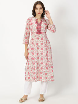 Saffron Threads - White-Pink Floral Print Kurta with Neck Embroidery