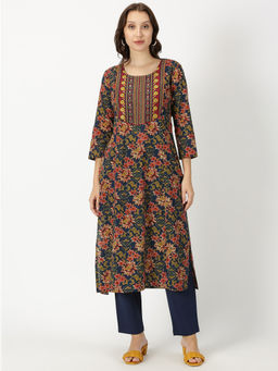 Saffron Threads - Navy Blue Ethnic Floral Print Kurta with Yoke Embroidery