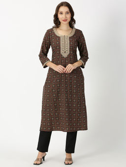 Saffron Threads - Black Ajrakh Print Kurta with Embroidery Details