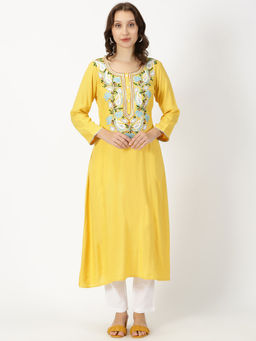 Saffron Threads - Yellow Self Design Kurta with Kashida Embroidery