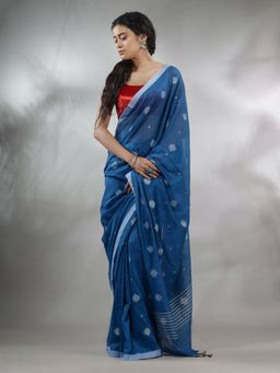 CHARUKRITI - Sapphire Blue Cotton Handwoven Saree with Texture Pattern & Unstitched Blouse