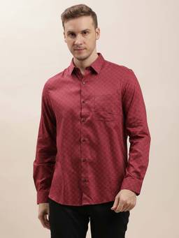 Turtle - Men Red Printed Pure Cotton Collar Neck Formal Shirt