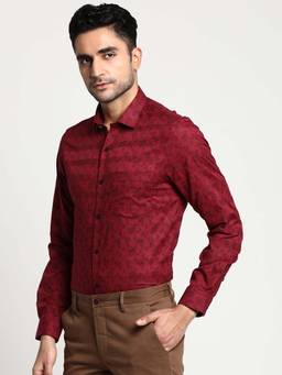 Turtle - Men Red Printed Pure Cotton Collar Neck Party Shirt