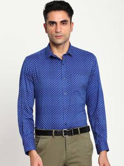 Turtle - Men Blue Printed Pure Cotton Collar Neck Formal Shirt