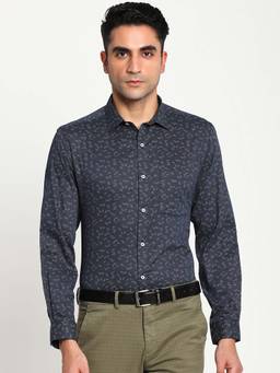 Turtle - Men Grey Printed Pure Cotton Collar Neck Formal Shirt
