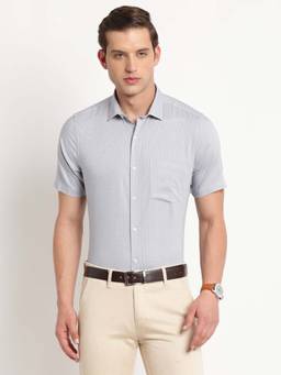 Turtle - Men Grey Self Design Pure Cotton Collar Neck Formal Shirt