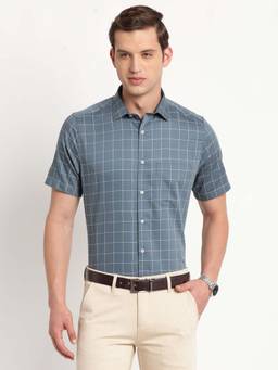Turtle - Men Grey Checks Pure Cotton Collar Neck Formal Shirt