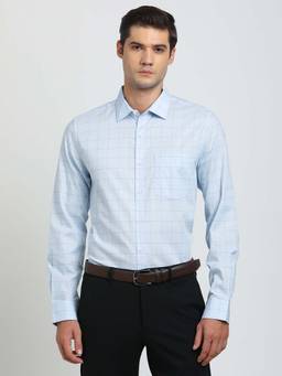Turtle - Men Blue Checks Pure Cotton Collar Neck Formal Shirt