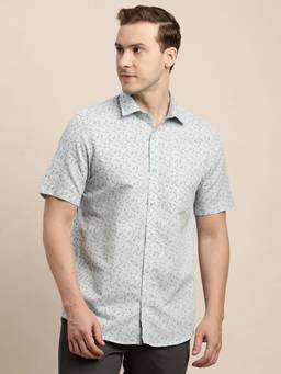 Turtle - Men Grey Printed Cotton Linen Collar Neck Formal Shirt