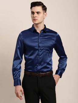 Turtle - Men Blue Solid Polyester Satin Collar Neck Party Shirt