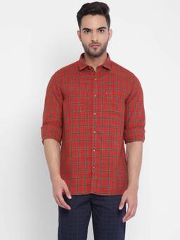 Turtle - Men Red Checks Lyocell Blend Collar Neck Casual Shirt