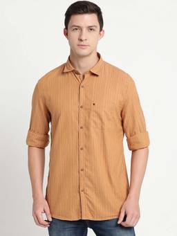Turtle - Men Brown Stripes Pure Cotton Collar Neck Casual Shirt