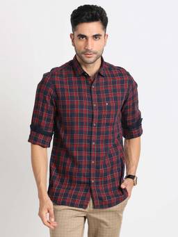 Turtle - Men Navy Blue Checks Pure Cotton Collar Neck Casual Shirt