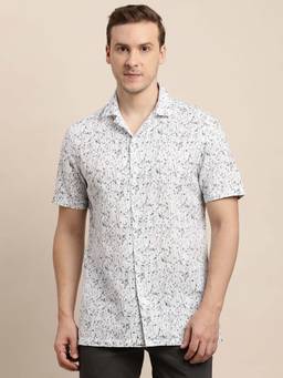 Turtle - Men Grey Printed Cotton Linen Notched Lapel Casual Shirt