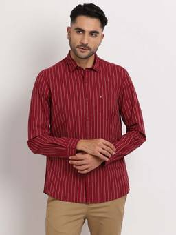 Turtle - Men Red Stripes Pure Cotton Collar Neck Casual Shirt