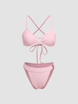 Cider - Floral Texture Heart Linked Criss Cross Bikini Swimsuit