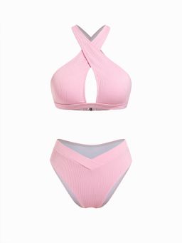 Cider - V-Neck Solid Criss Cross Bracelet Cheeky Bikini Swimsuit