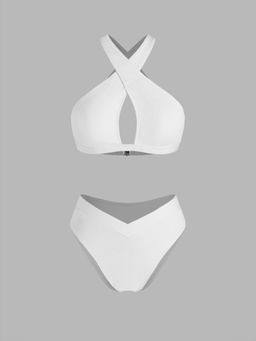 Cider - V-Neck Solid Criss Cross Bracelet Cheeky Bikini Swimsuit
