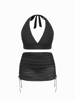 Cider - V-neck Halter Cheeky Tankini Swimsuit With Drawstring Cover Up Skirt Curve & Plus