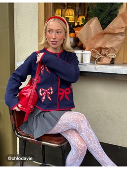 Cider - Knit Round Neckline Bowknot Applique Cardigan