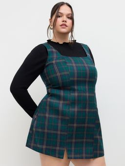 Cider - Square Neckline Plaid Zipper Mini Dress Curve & Plus
