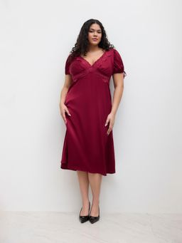 Cider - Satin V-neck Lace Puff Sleeve Knotted Maxi Dress Curve & Plus