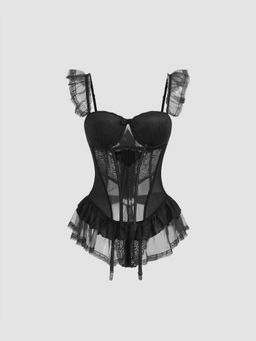 Cider - Lace Floral Bowknot Ruffle Corset Lingerie With Thong Set