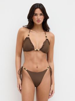 Cider - V-neck Beaded Lettuce Trim Halter Tie Side Bikini Set